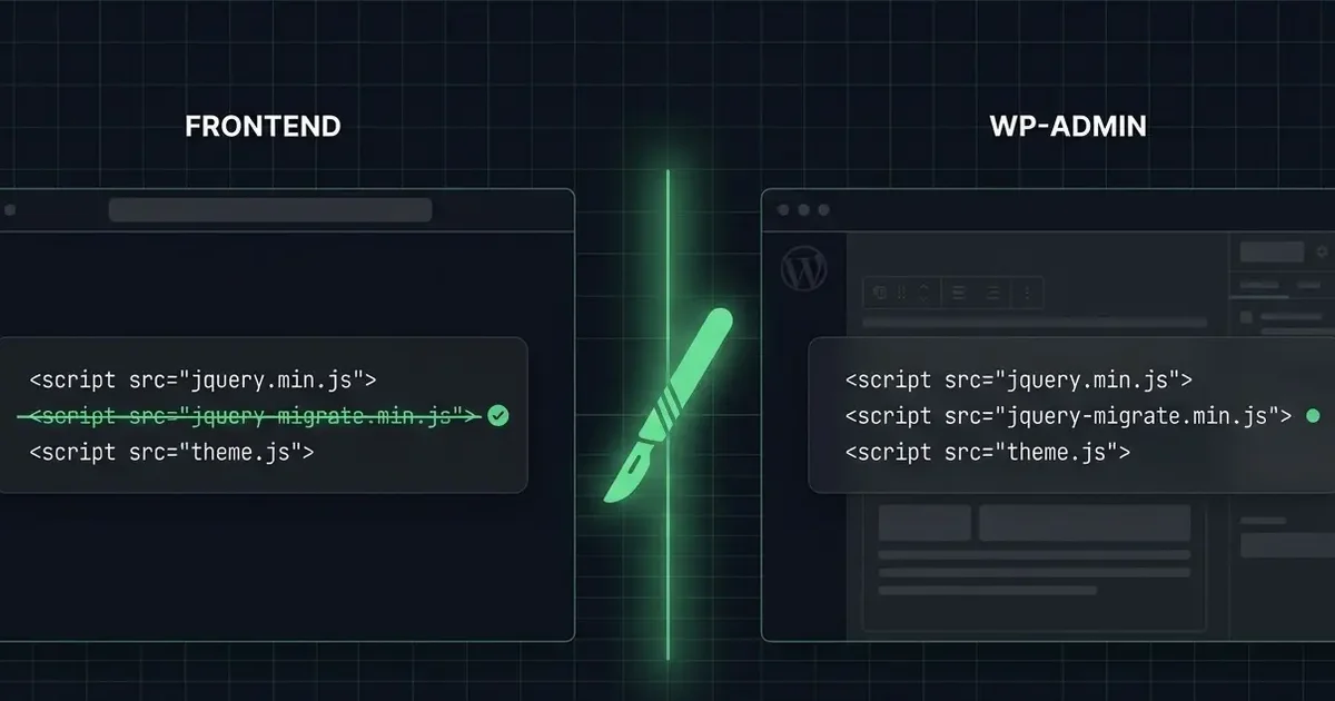 jQuery-Migrate aus dem WordPress-Frontend entfernen — Surgical Frontend-Removal mit aktivem Admin-Fallback